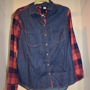 Jean Shirt with Flannel Sleeves Blouse